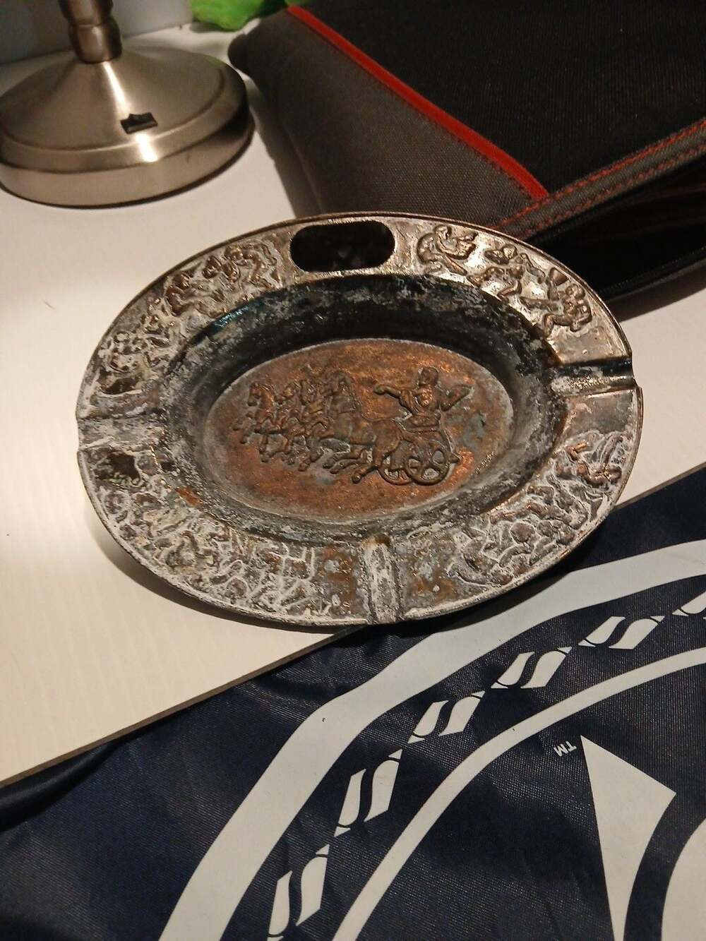 Vintage Metal Chariot Relief Ashtray